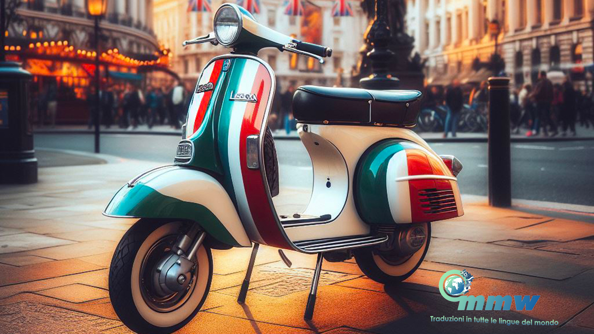 uno scooter con i colori italiani parcheggiato all'estero in una via di Londra